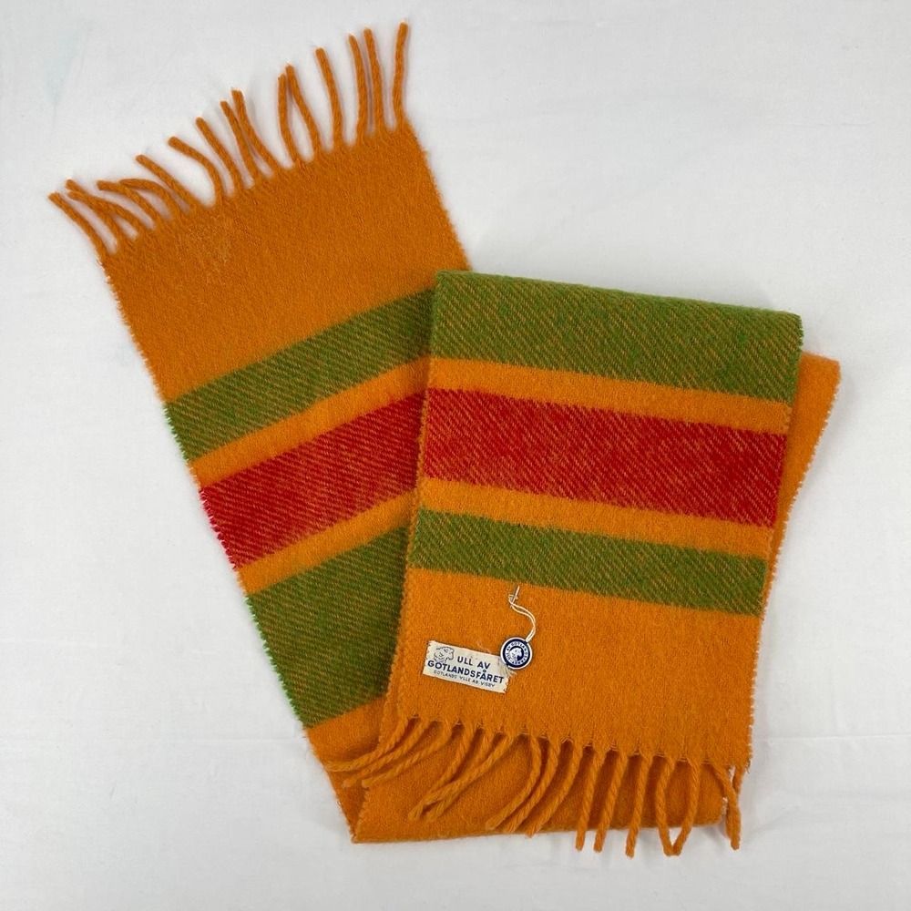 Vintage 70s Swedish Wool Gotland Scarf New Orange Striped Tassel Fall Academia
